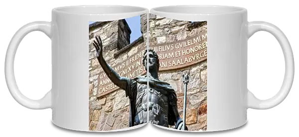 Bronze statue of Augustus the Roman emperor at the entrance of the reconstructed Saalburg the Roman fort, Limes, Taunus, Hesse, Germany
