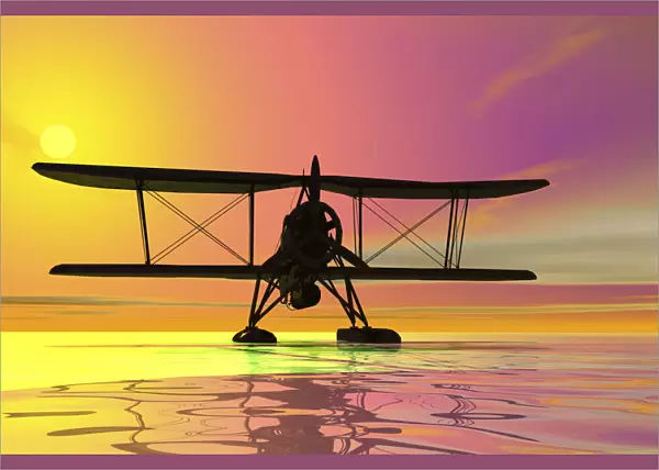 Seaplane landing, silhouette, 3D graphics