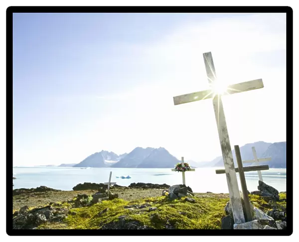 Greenland, Tasiilaq, cemetery with white wooden crosses