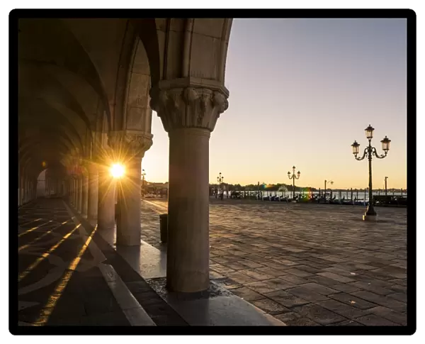 St Marks square, Venice, Veneto, Italy. Sunrise on Doges palace