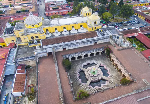 Aerial view of the aIglesia y Convento de Nuestra SeAnora de la Merceda in Antigua, Guatemala