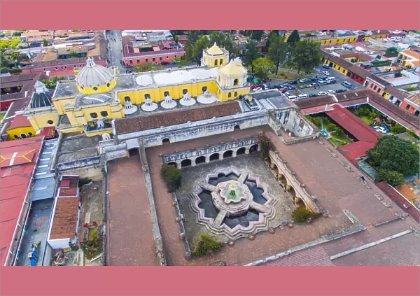 Aerial view of the aIglesia y Convento de Nuestra SeAnora de la Merceda in Antigua, Guatemala