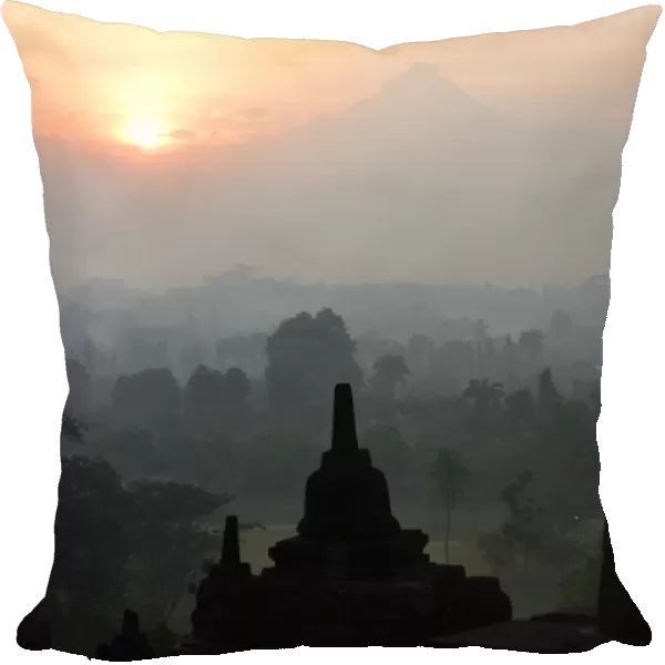 Borobudur at dusk, view on Merapi, Java
