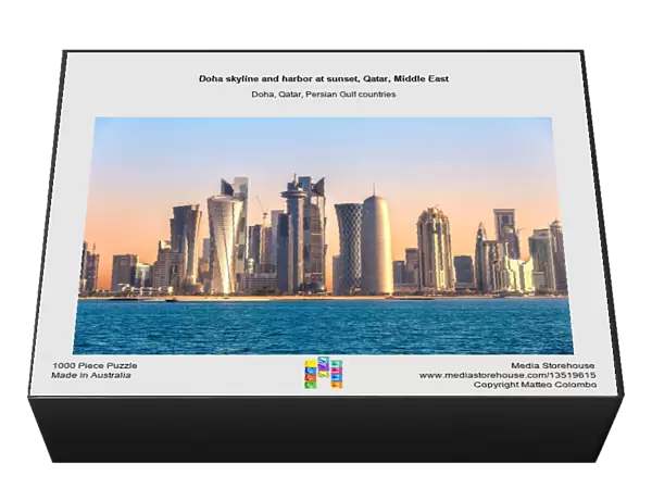 Doha skyline and harbor at sunset, Qatar, Middle East