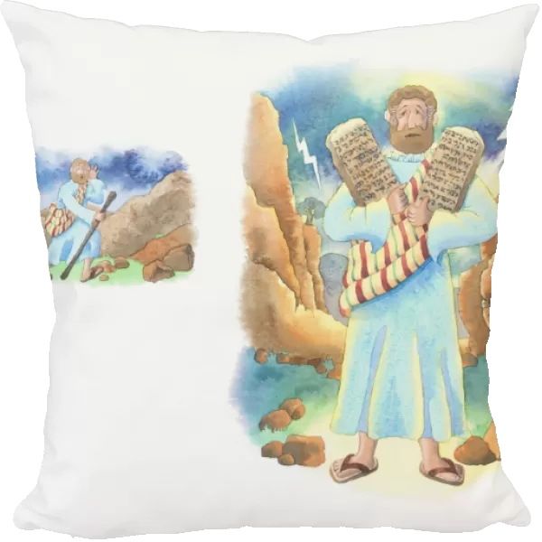 Illustration of a bible scene, Exodus 20, 24, Moses climbs to the summit of Mount Sinai and receives the Ten Commandments