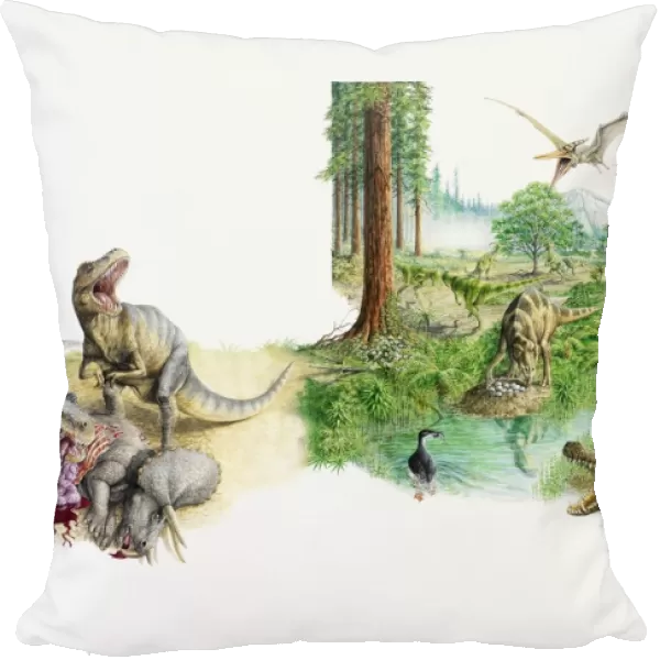 Illustration of prehistoric scene showing various dinosaurs, Tyrannosaursus eating Triceratops