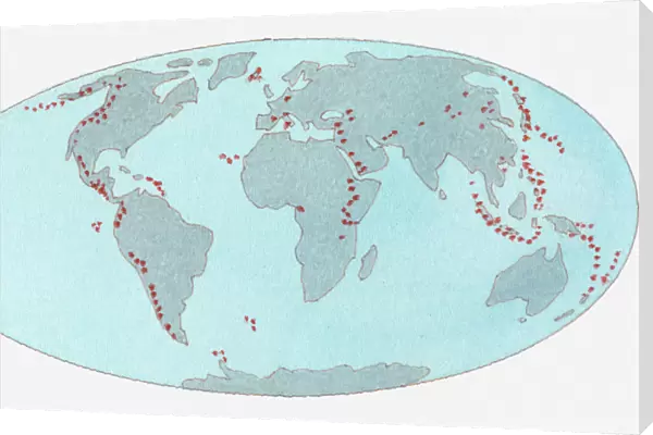 Illustration of volcanic zones dotted across the globe
