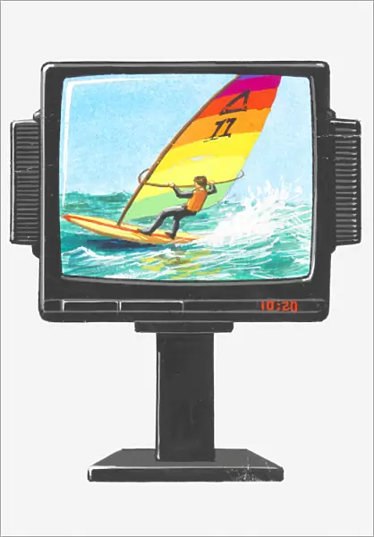 Illustration of windsurfer on colour television