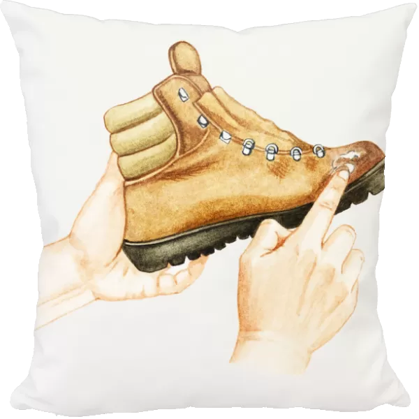 Illustration of man repairing scuff on hiking boot