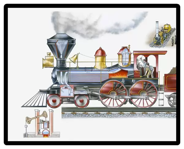 Illustration of steam train and smaller images of Rocket steam locomotive and mechanism of Thomas Newcomens engine