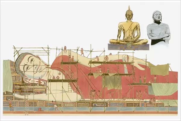 Illustration of showing the construction of the 10th Century Buddha in the city of Pegu in Burma, also known as the Shwethalyaung, the Wat Trimitr in Thailand and the Gal Vihara Temple in Sri Lanka