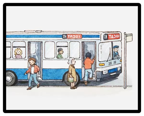 Illustration of people boarding and getting off a bus