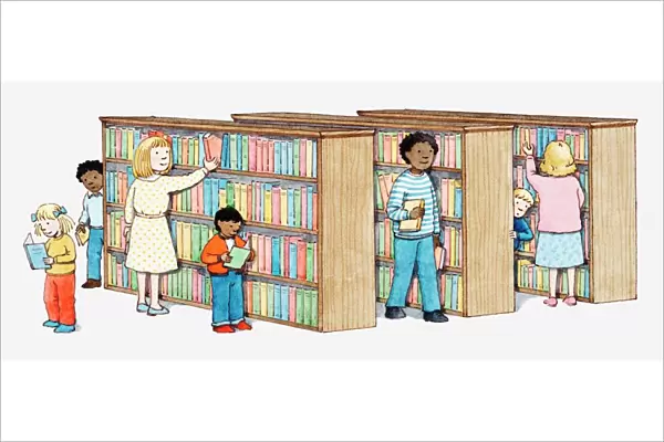 Illustration of adults and children looking at books in a library