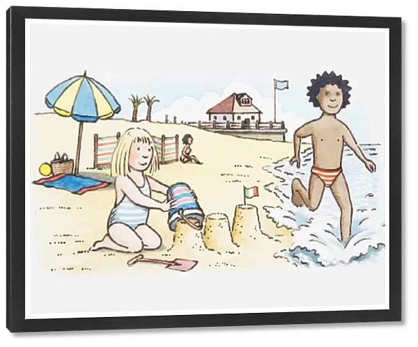 Illustration of a beach scence, girl playing in sand with bucket, boy running into the sea