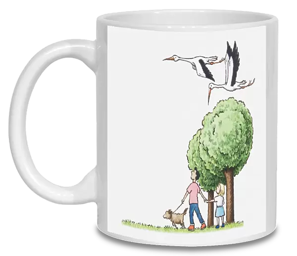 Illustration of a man, girl and dog walking near some trees, looking up at a couple of storks flying past