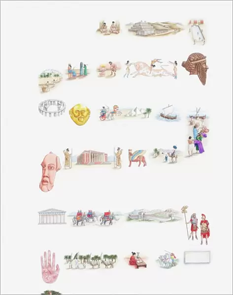 Illustration of people, customs, artefacts, monuments from ancient civilisations and indigenous cultures around the world, including Ancient Egypt, Ancient Greece, Persia, Phoenicia, Inca, Maya, Aztec