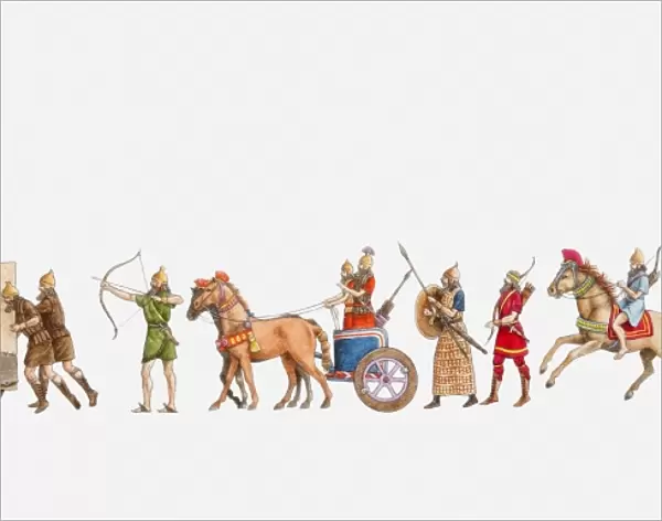Illustration of ancient Assyrian army, battering ram pushed by men, followed by archers, a war chariot, foot soldiers and archer on horseback