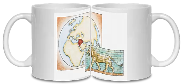 Illustration of lion in front of map highlighting territory of ancient Babylon