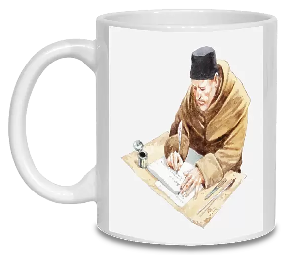 Illustration of Spanish monk sat at desk writing with quill on paper