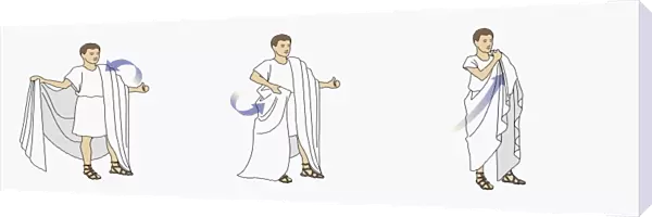 Series of illustrations showing Roman man dressing in toga