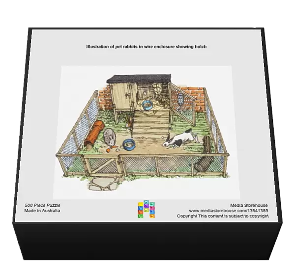 Illustration of pet rabbits in wire enclosure showing hutch