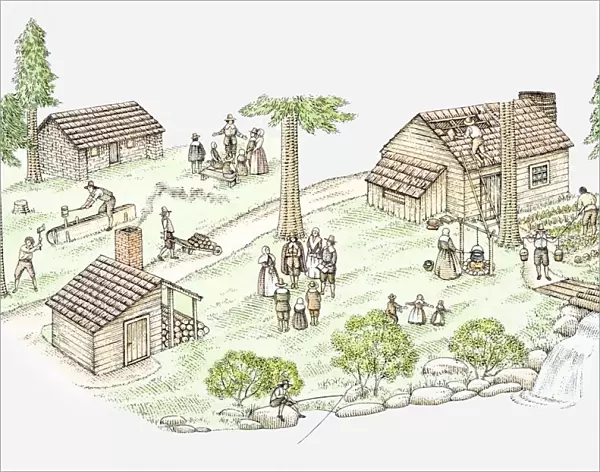 Illustration of New England pilgrim settlement