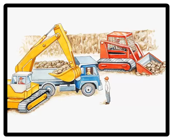 Illustration of men moving rocks using mechanical digger