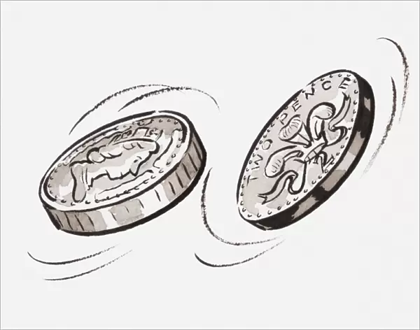 Black and white illustration of flipped coins