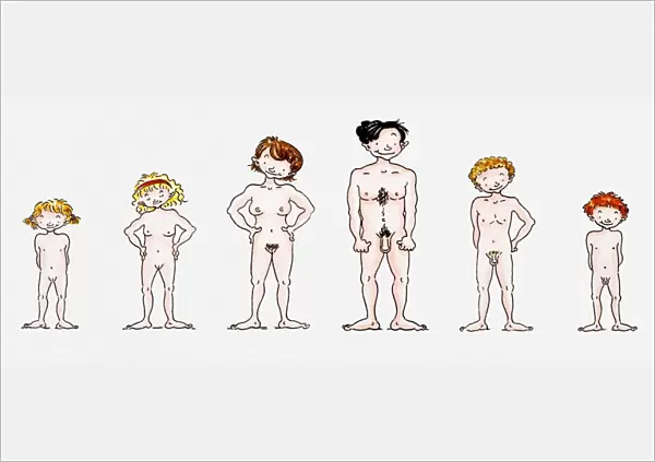 Illustration of a man, a women and children in the nude, front view