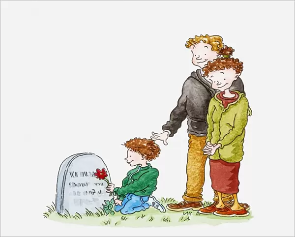 Illustration of boy kneeling in front of a gravestone and holding a flower, a man and woman standing next to him