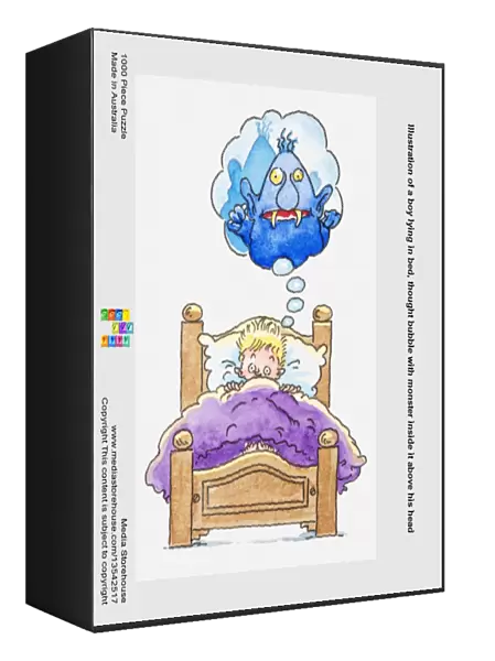 Illustration of a boy lying in bed, thought bubble with monster inside it above his head