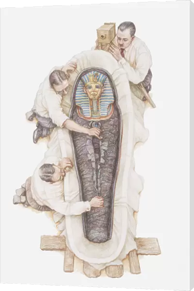 Illustration of archaeologists opening sarcophagus of Tutankhamun