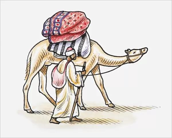 Illustration of nomad and camel packed with goods