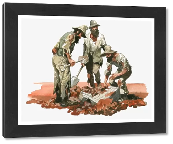 Illustration of Australian explorers Burke, Wills and King digging up boxes in outback with spades