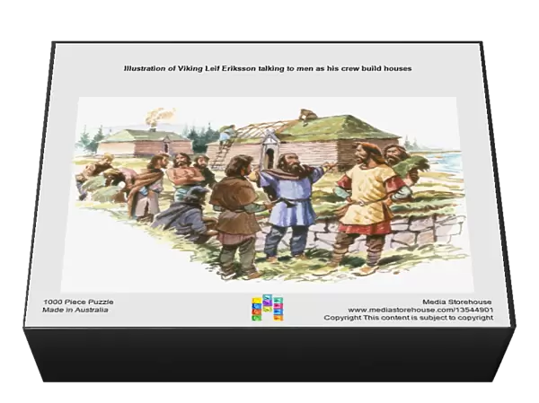 Illustration of Viking Leif Eriksson talking to men as his crew build houses