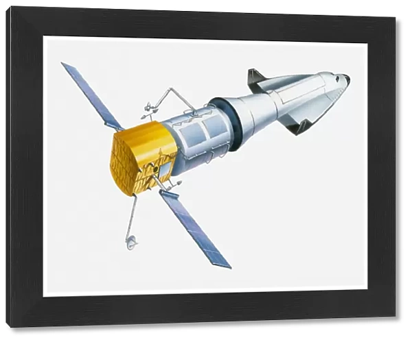 Illustration of a space shuttle with a piece of a space station in tow
