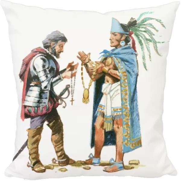 Illustration of Aztec King Moctezuma exchanging gifts with Cortes