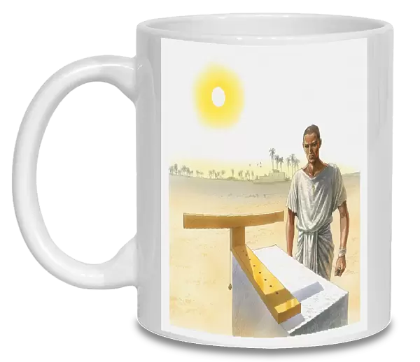 Illustration of man standing next to a t-shaped sundial, Ancient Egypt
