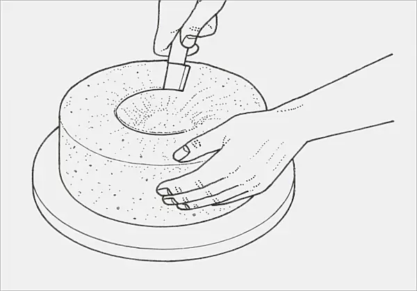 Black and white illustration of using knife to remove centre of cake