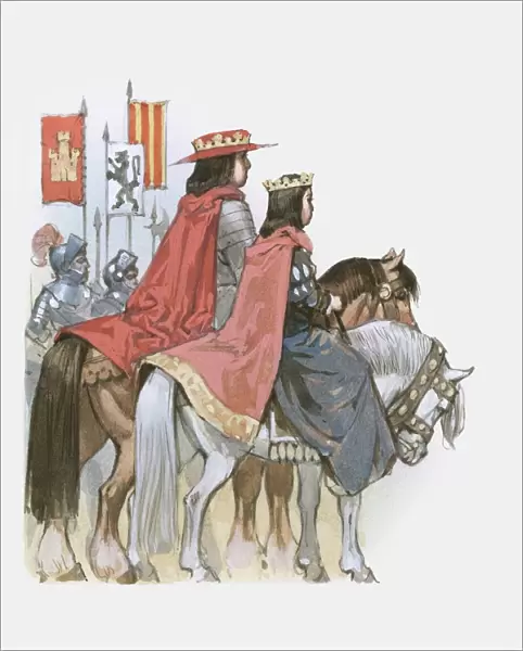 Illustration of Ferdinand II of Aragon and Queen Isabella I of Castille on horseback
