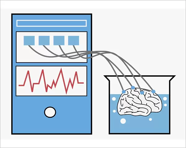 Digital illustration of computer providing stimulation to human brain, and brain experiencing virtual world