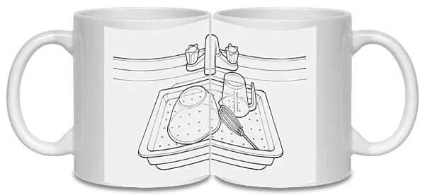 Black and white illustration of a tray with holes in it, placed over sink and used as a drainer