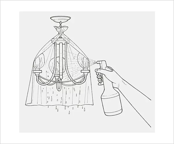 Black and white illustration of hand cleaning a chandelier with spray can, plastic bags tied over bulbs and a plastic sheet tied to the light for protection