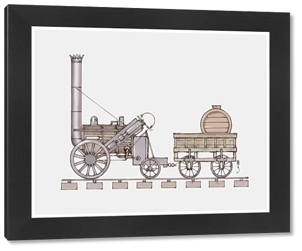 Illustration of Stephensons Rocket on railway track
