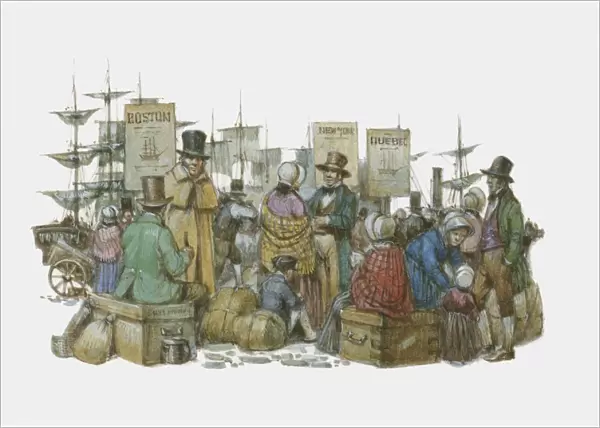Illustration of European immigrants waiting at docks after arrival in America