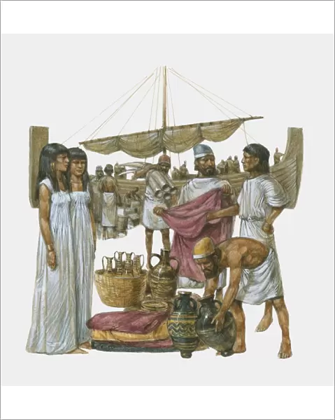 Illustration of Phoenician trading textiles, pottery, and ivory on dockside