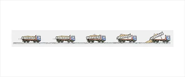 Sequence of illustrations showing dumper truck on the move