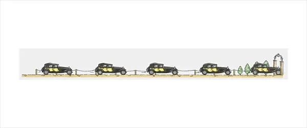 Sequence of illustrations showing Rolls Royce car travelling towards open gateway