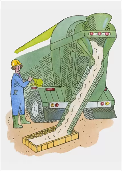 Illustration of woman standing next to cement mixer