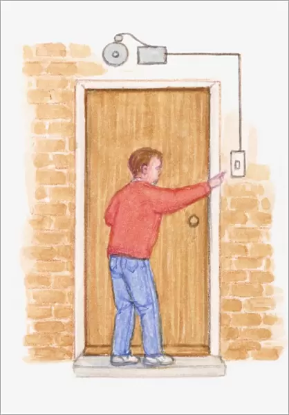 Illustration of man pressing electromagnetic doorbell